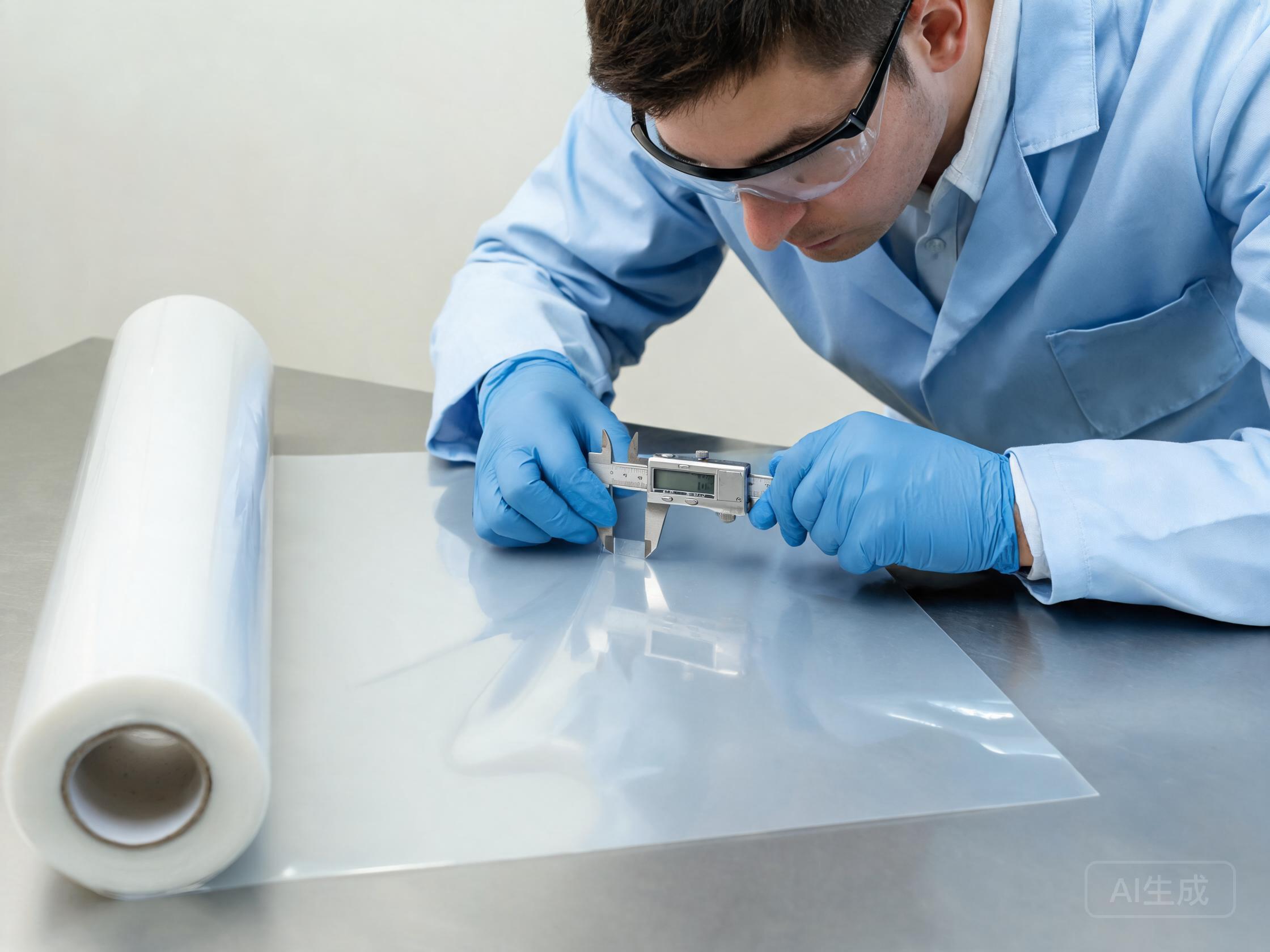 Technician unwinding and measuring a PPF sample roll with callipers