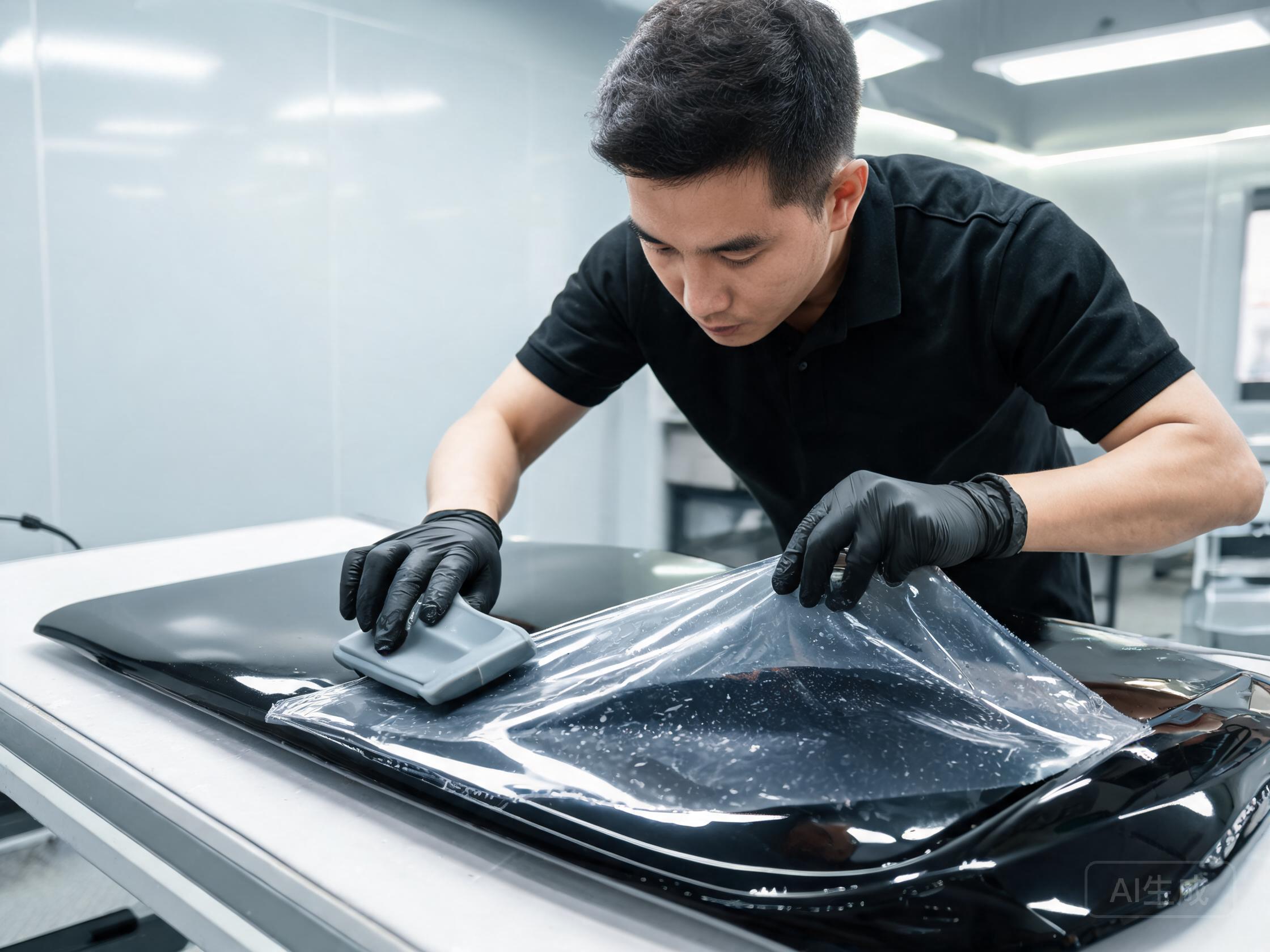 Installer laying a clear PPF sample onto a test panel with a squeegee