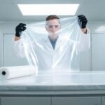 Quality technician inspecting a large clear PPF sample film cut under bright light