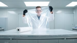 Quality technician inspecting a large clear PPF sample film cut under bright light