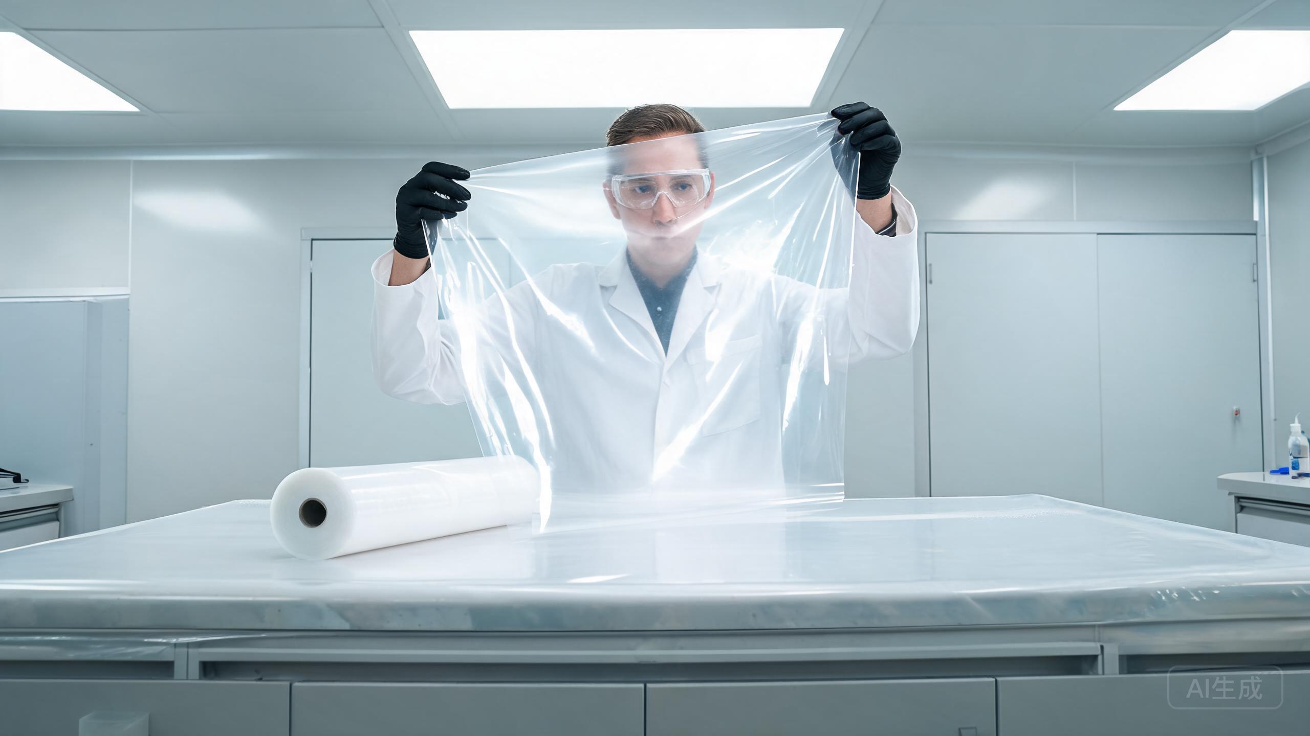 Quality technician inspecting a large clear PPF sample film cut under bright light