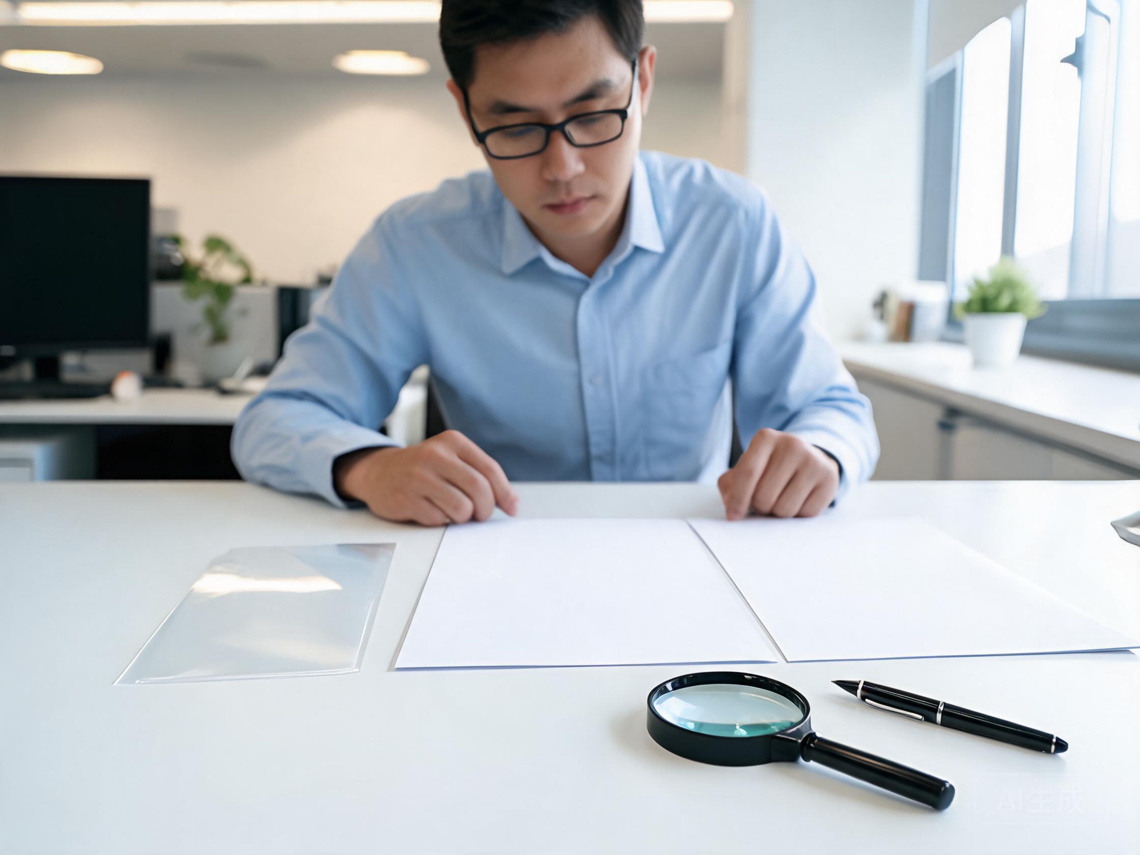 Reviewer examining PPF test report and certificate sheets with a film sample