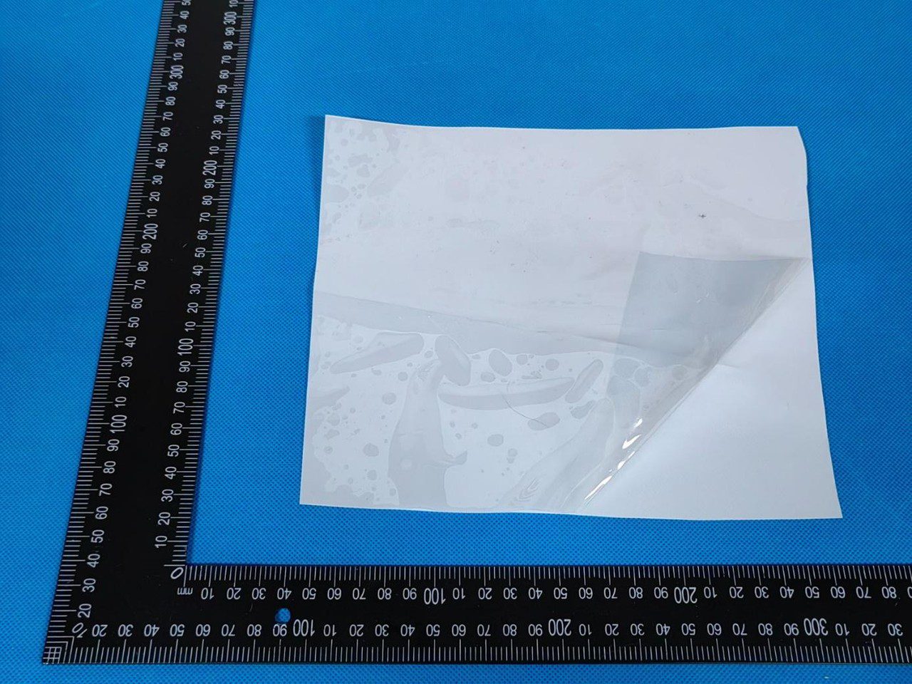 Transparent PPF sample film photographed on a measurement ruler during third-party laboratory testing