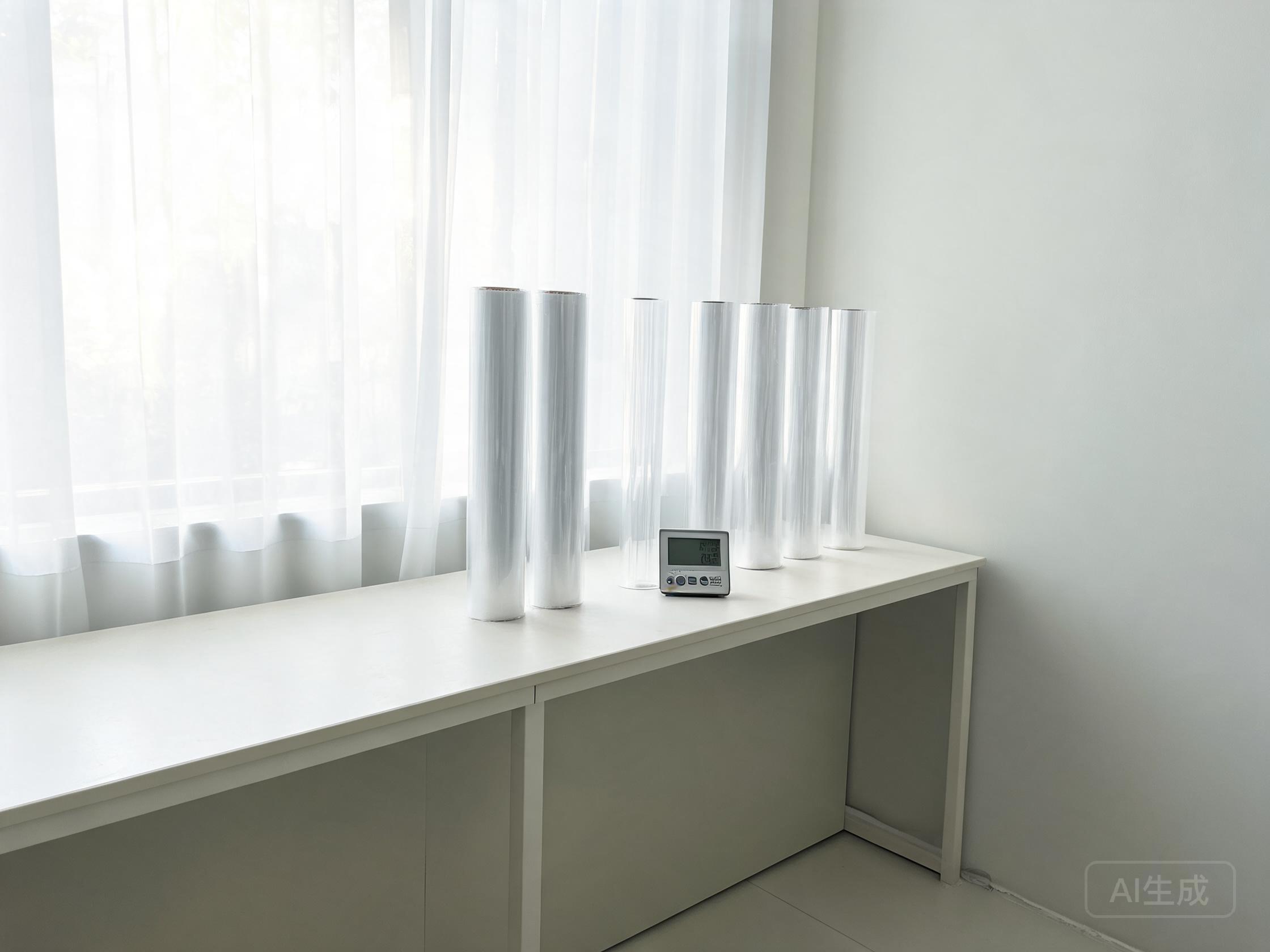 Clear PPF film rolls standing upright on a bench stabilizing at room temperature before installation
