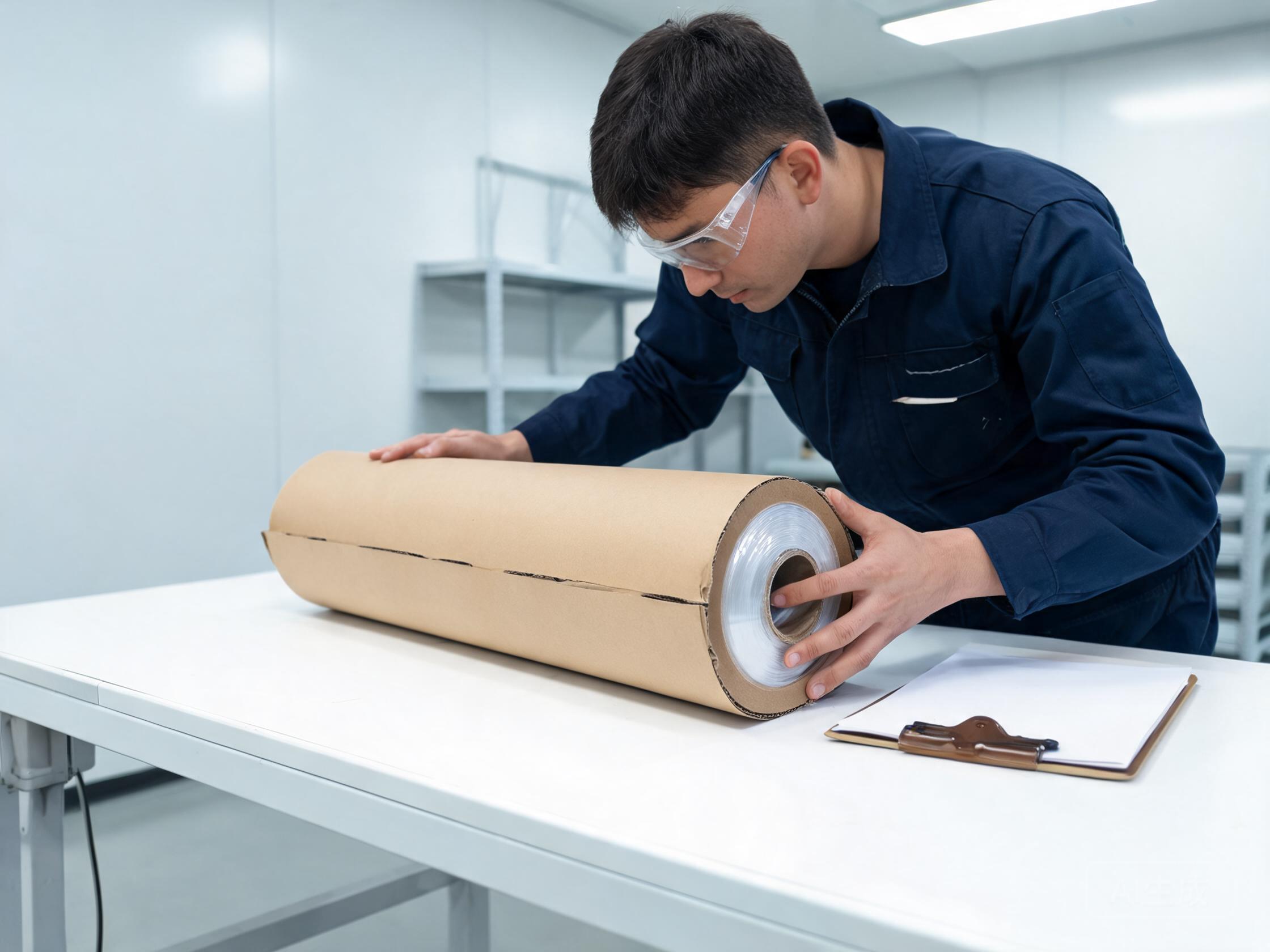 Worker inspecting a received PPF film roll carton for transport damage in the receiving area