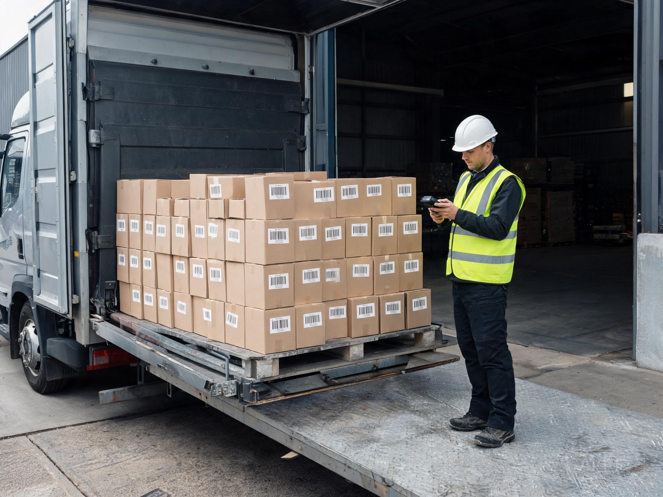 Worker scanning PPF film cartons during loading onto a lorry for handover control