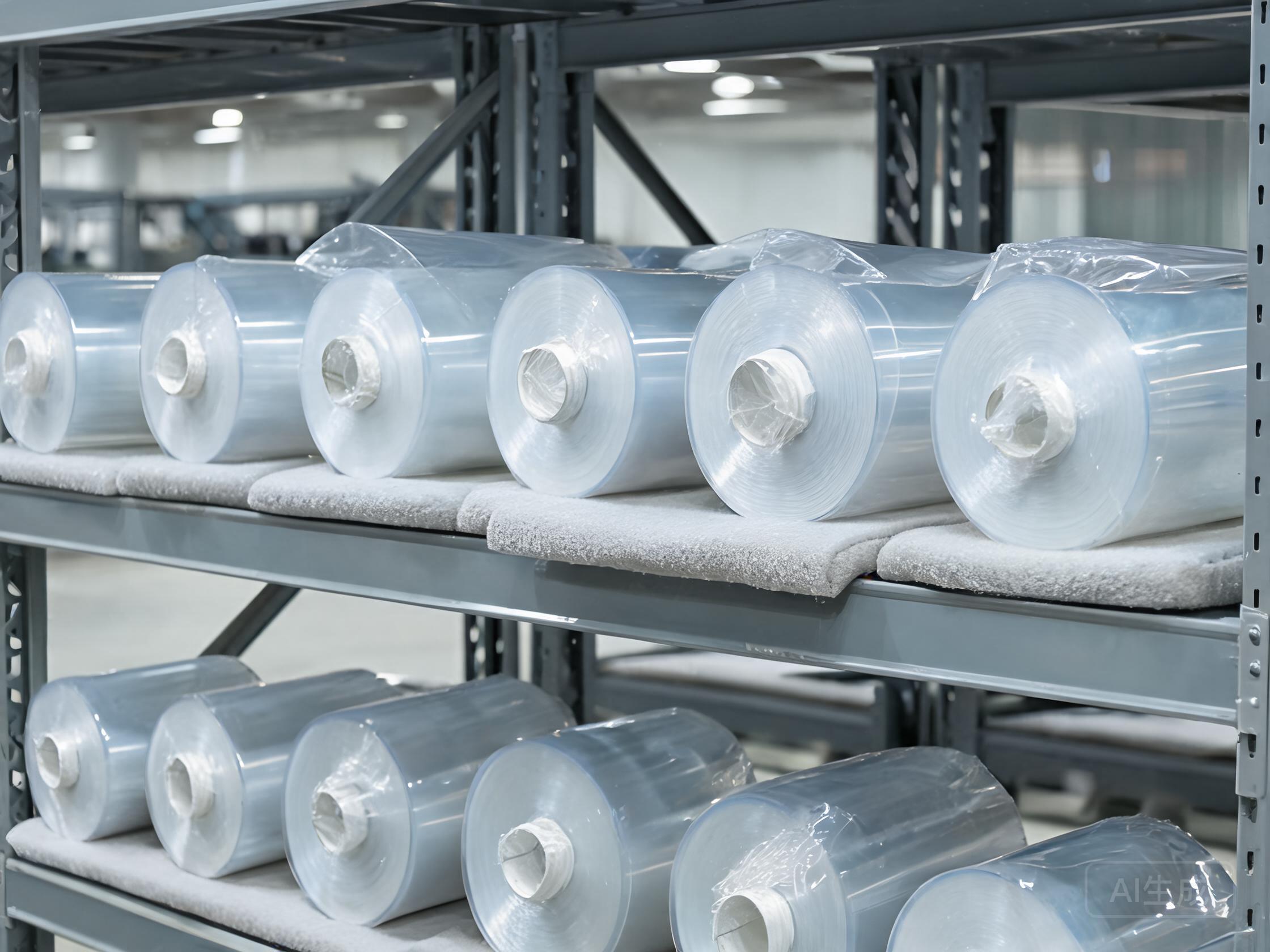 Clear PPF film rolls resting horizontally on padded steel racks to preserve round roll shape