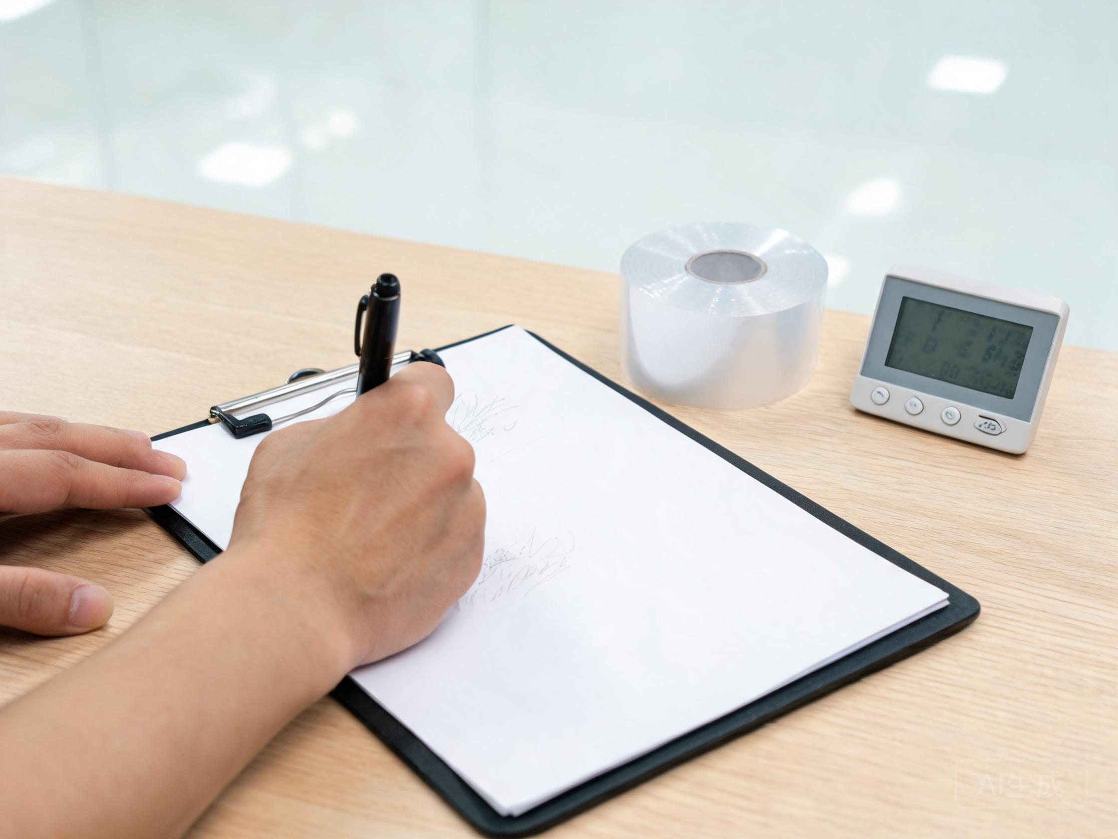 Procurement manager writing a storage specification beside a PPF sample roll and thermometer