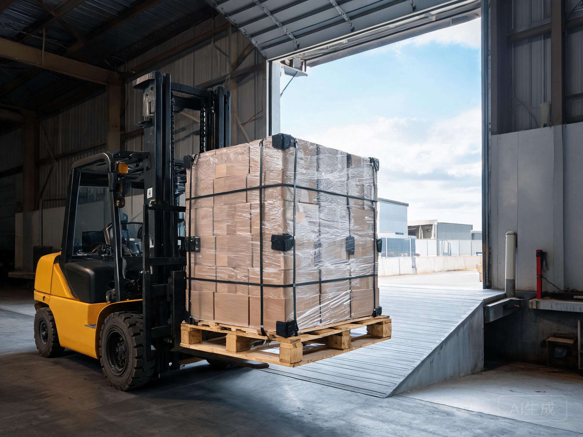 Shrink-wrapped pallet of PPF film roll cartons being moved for export shipping