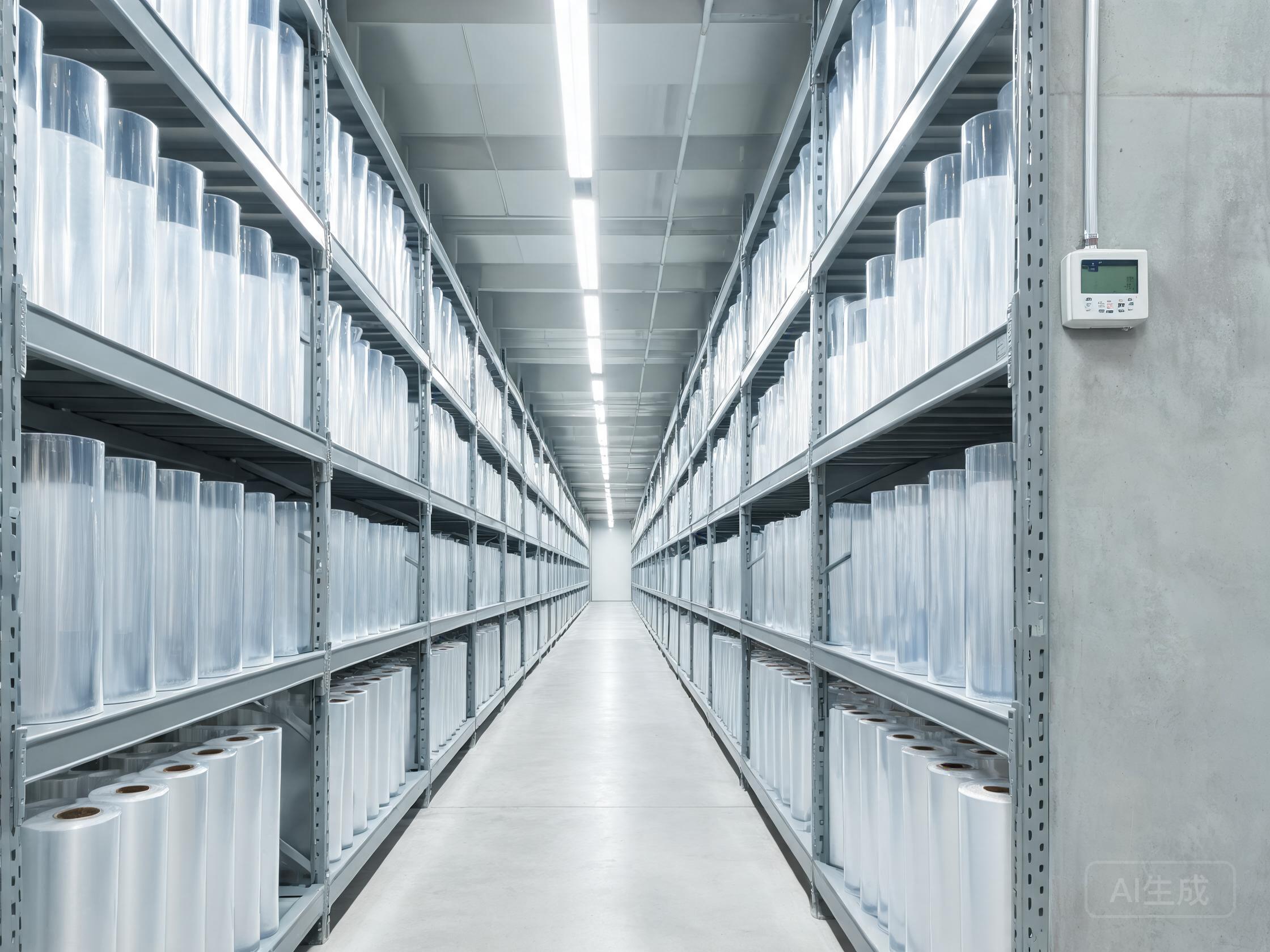 Clean warehouse aisle with vertically standing clear PPF rolls under controlled temperature and humidity