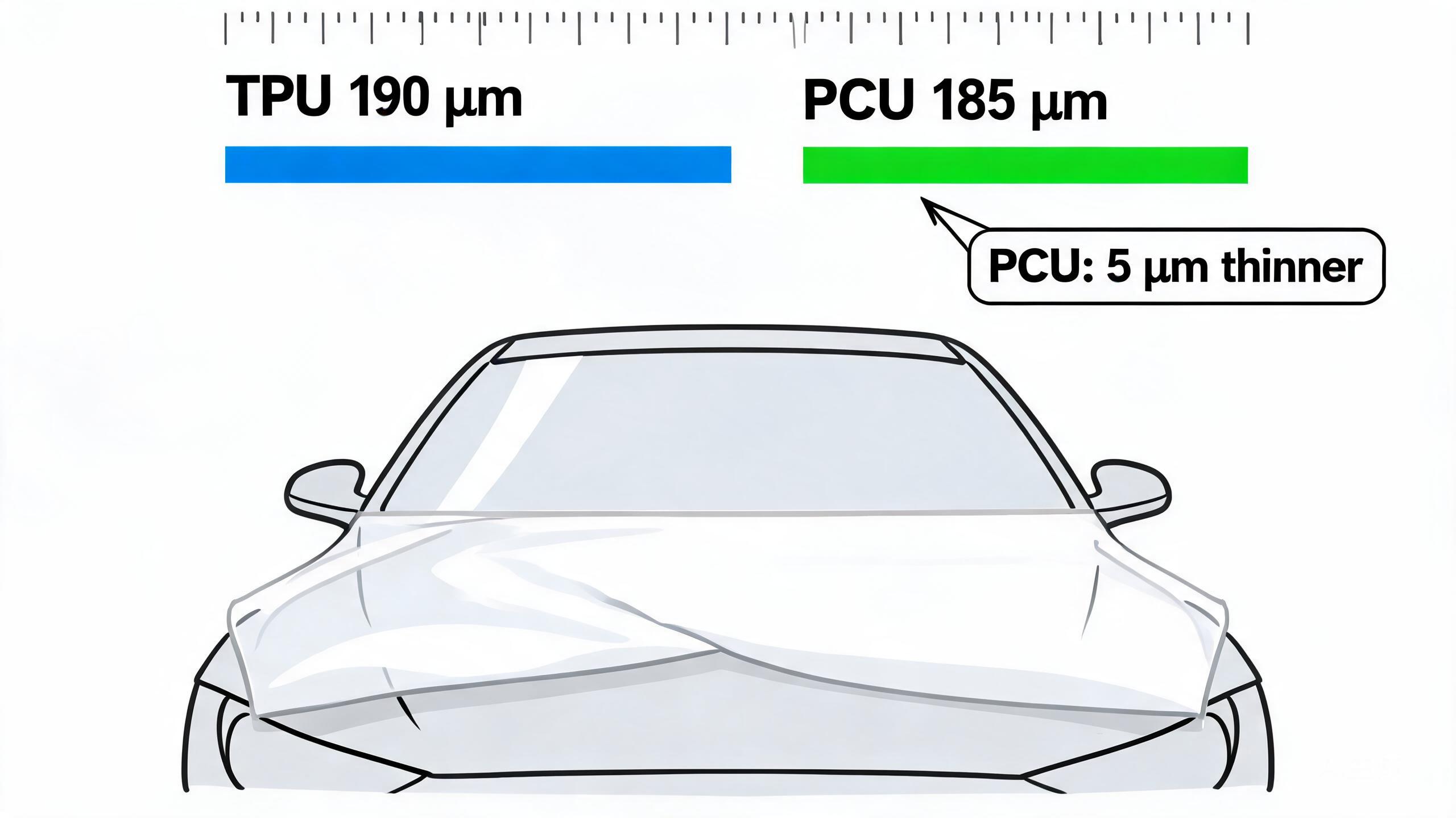 Régua ilustrada que compara uma película protetora de TPU com 190 micrómetros com uma película protetora de PCU com 185 micrómetros na borda do capô de um carro