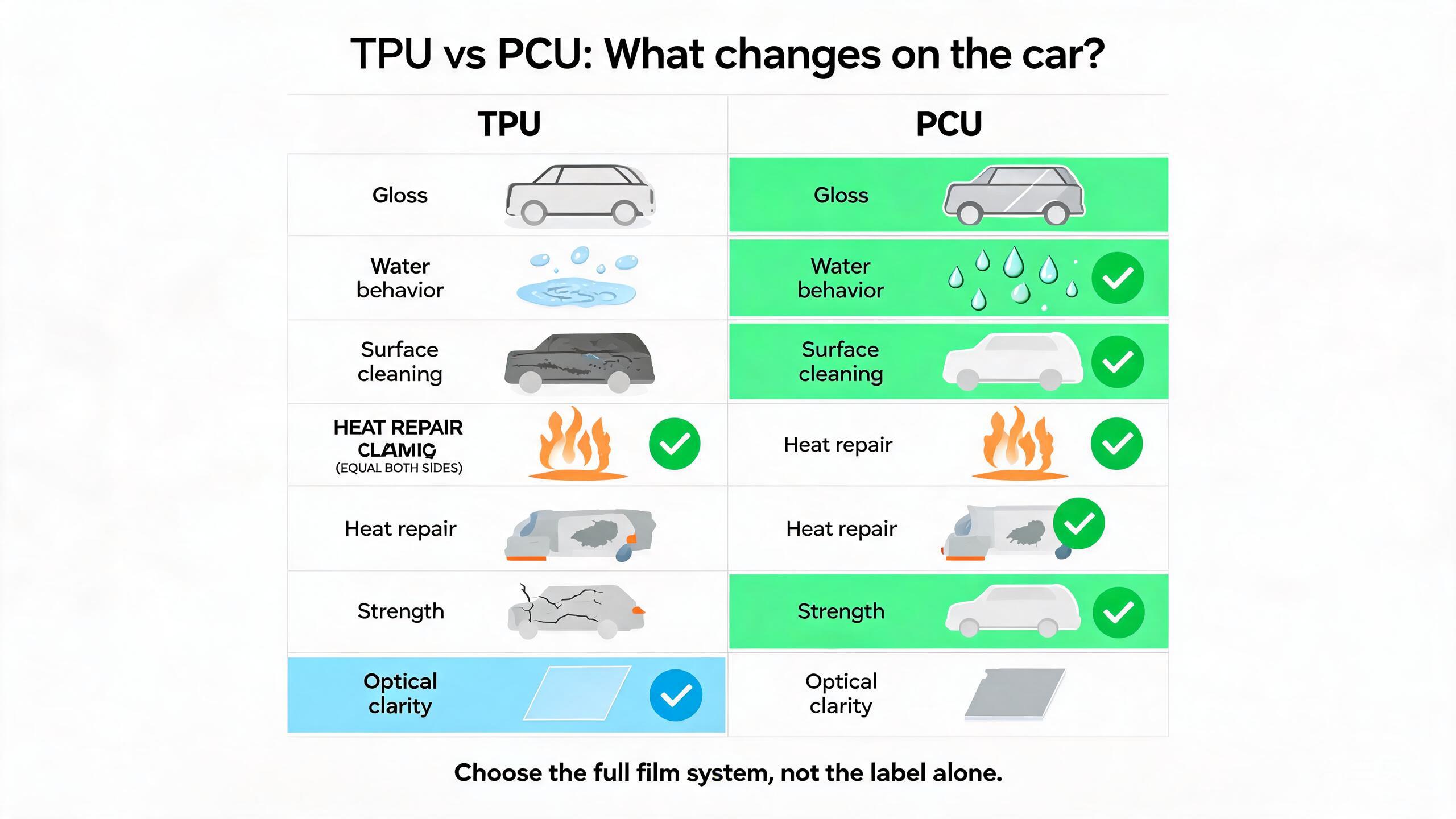 Tabela comparativa em formato de banda desenhada entre o TPU e o PCU PPF em termos de brilho, comportamento na água, limpeza da superfície, resistência ao calor, resistência mecânica e transparência ótica