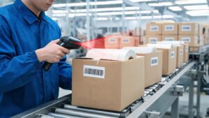 Quality technician scanning a PPF roll barcode on a factory line for full batch traceability