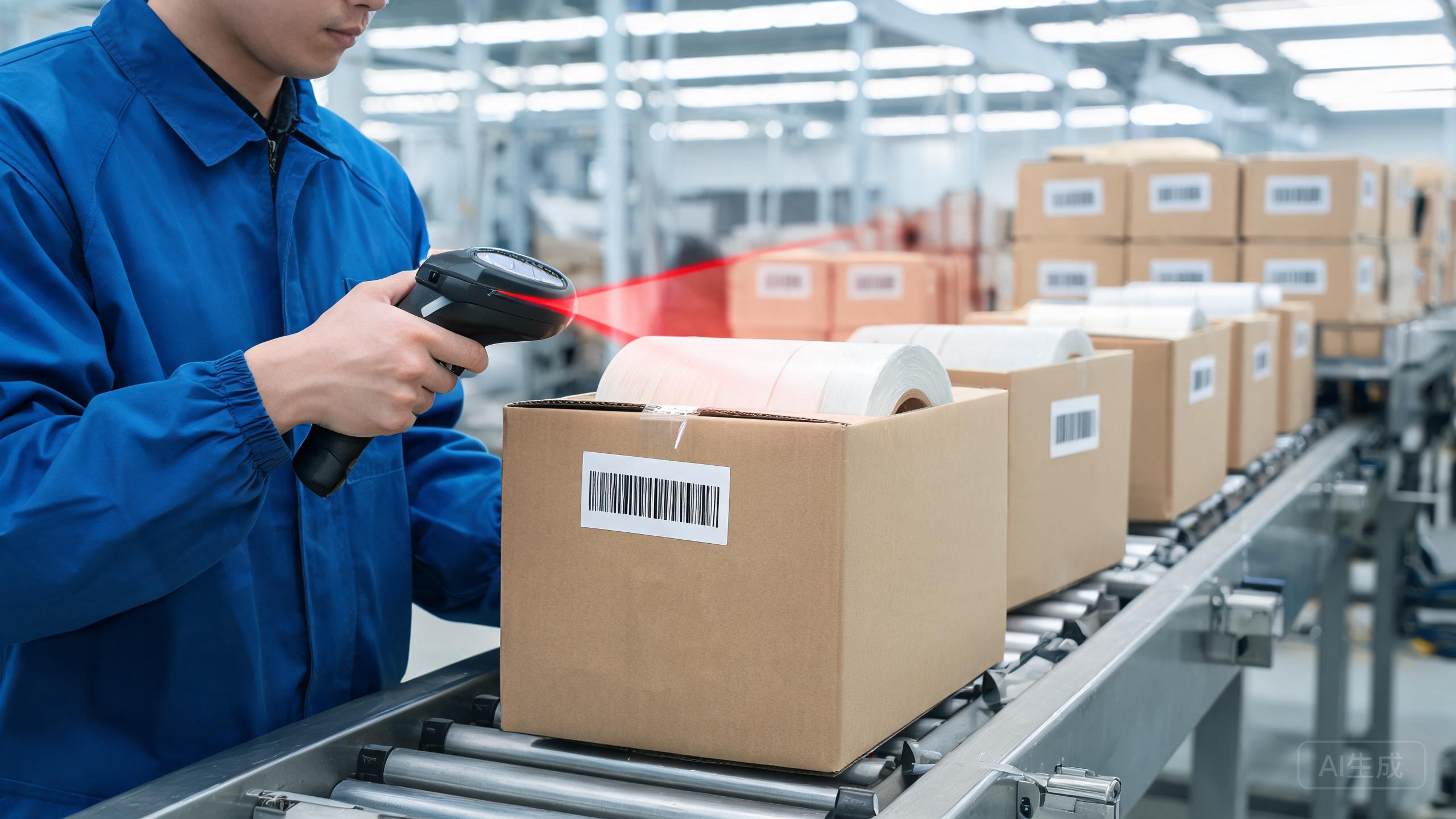 Quality technician scanning a PPF roll barcode on a factory line for full batch traceability