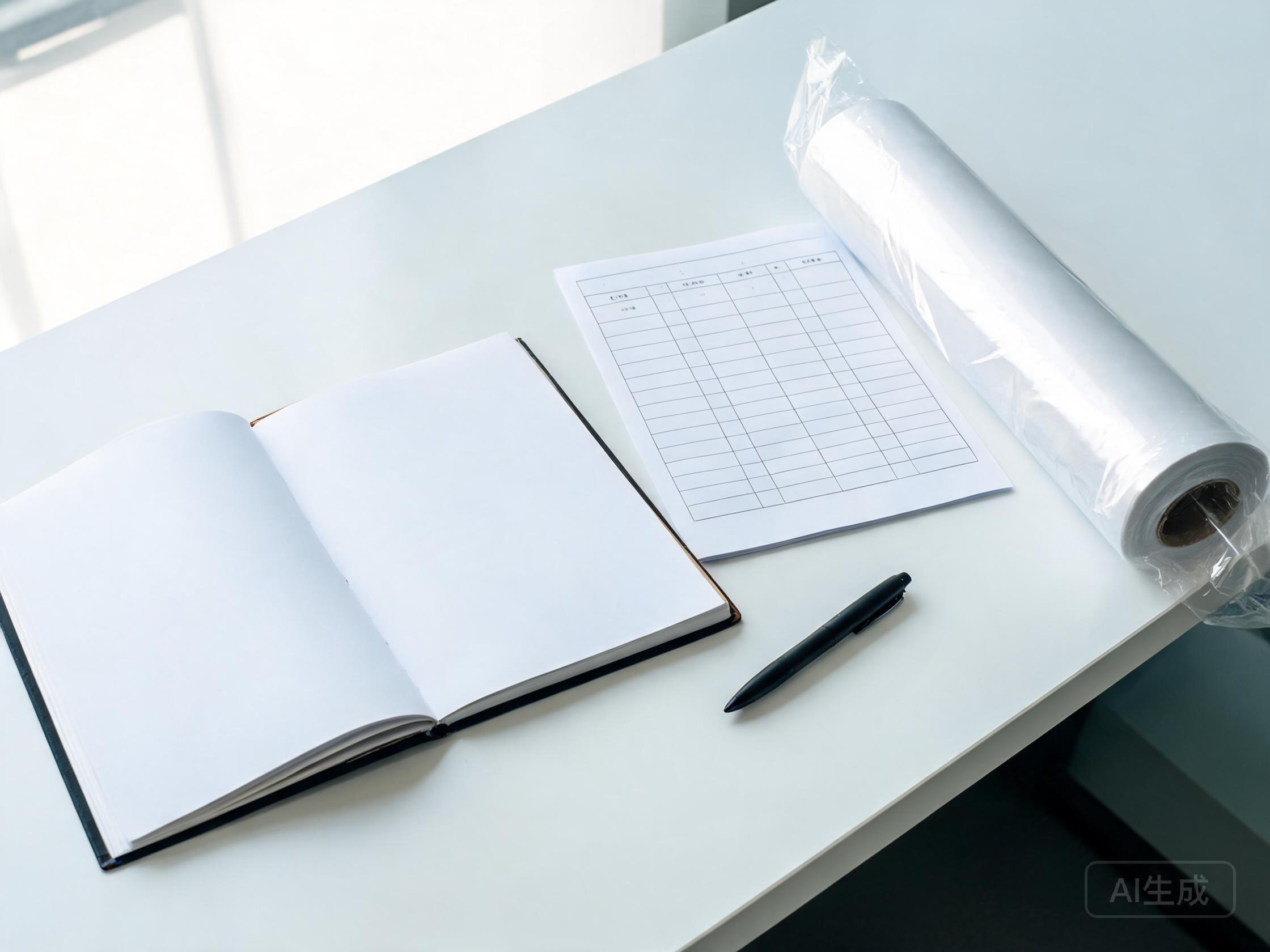 PPF batch record sheet listing roll number, material, and coating data beside a film roll