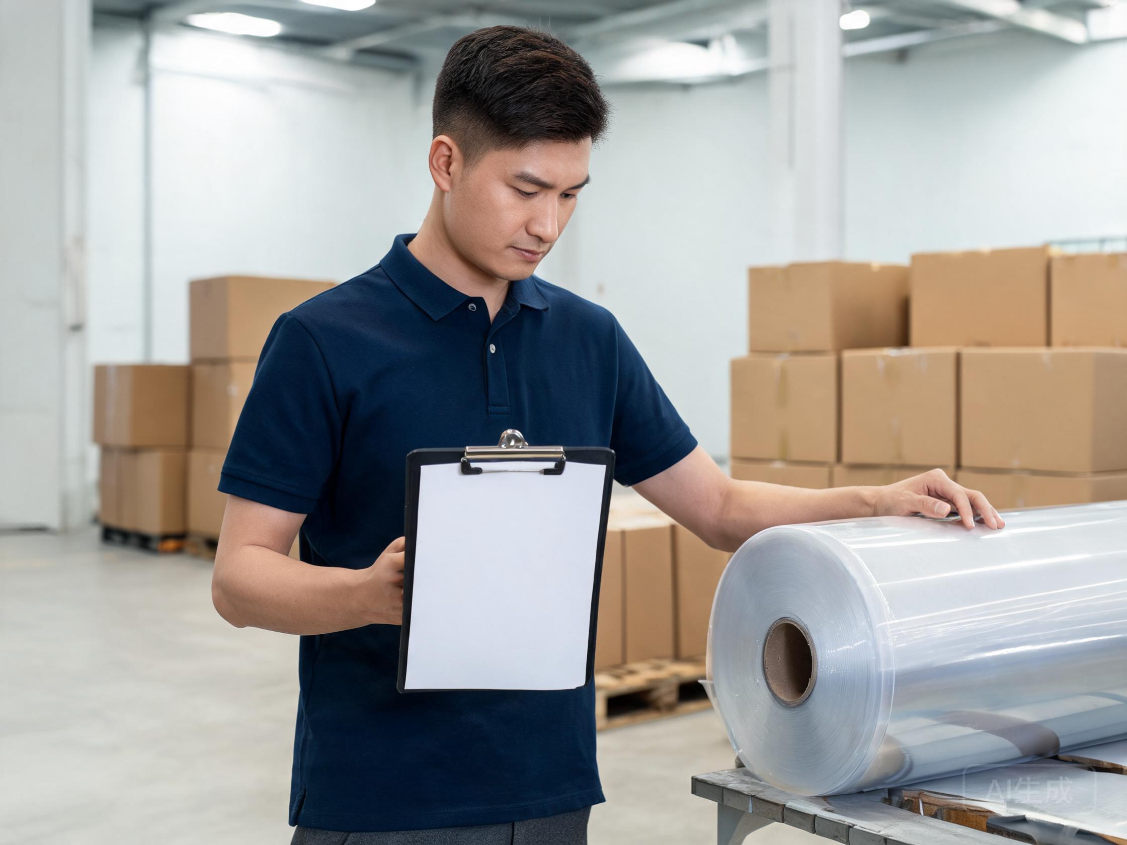 Manager checking film rolls against a clipboard checklist in a receiving area