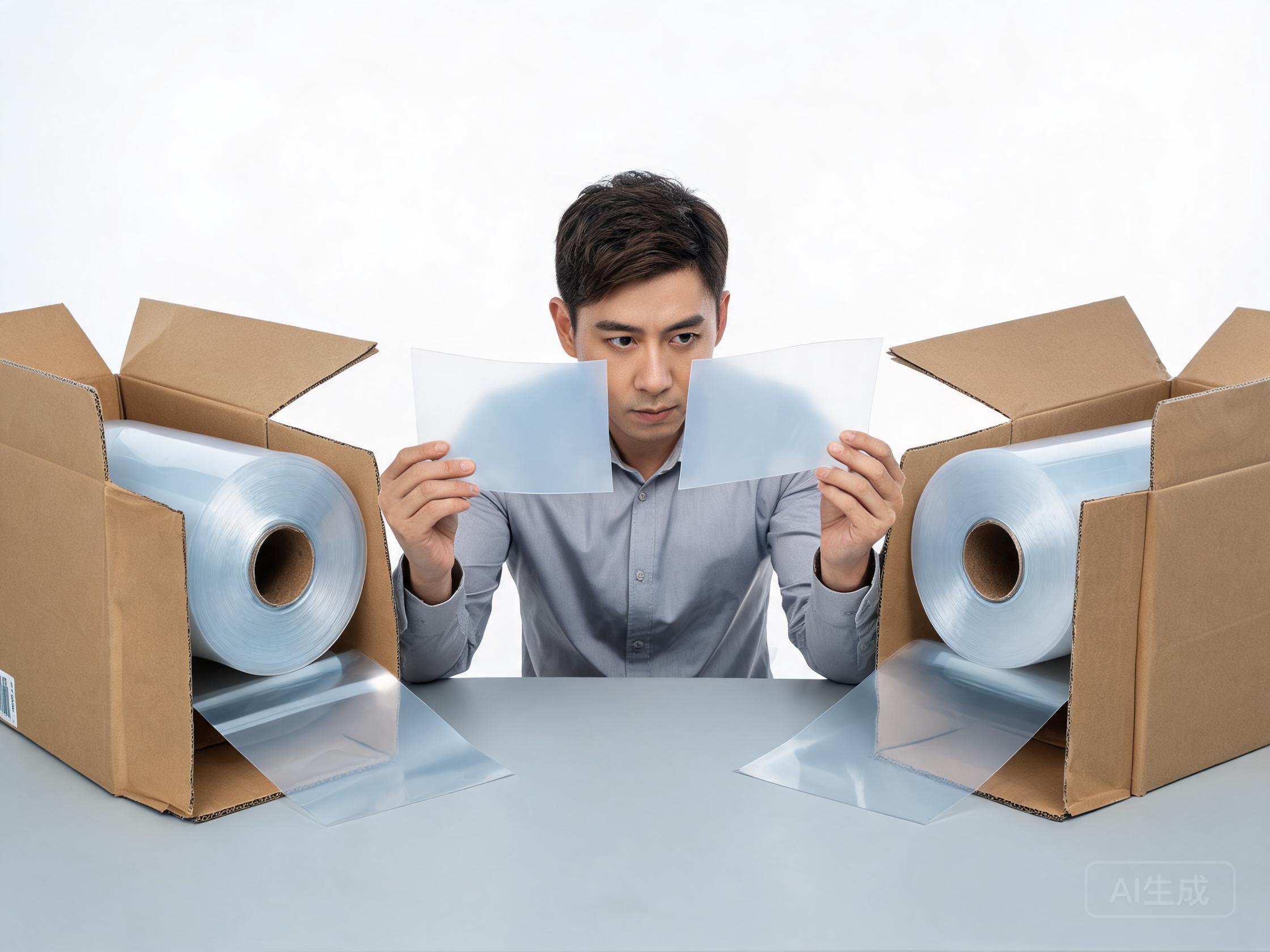 Two opened PPF film roll cartons compared side by side by a buyer
