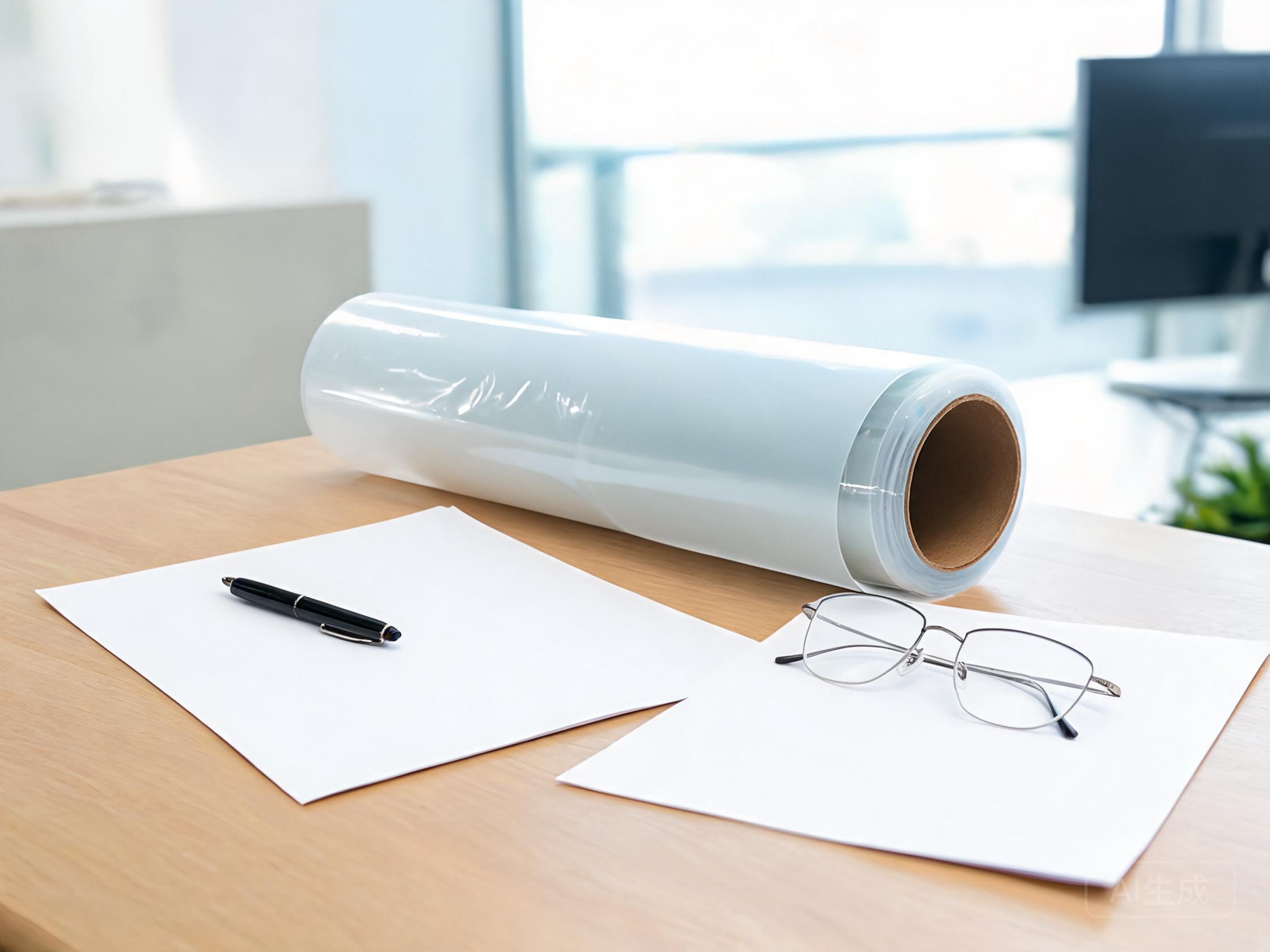 Technical data sheets and certificates on a desk beside a PPF sample roll