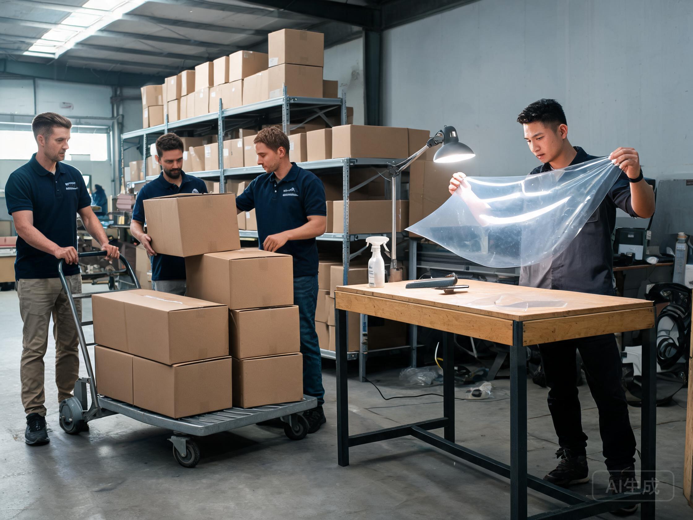 Distributor team unloading film boxes while an installer tests a film piece