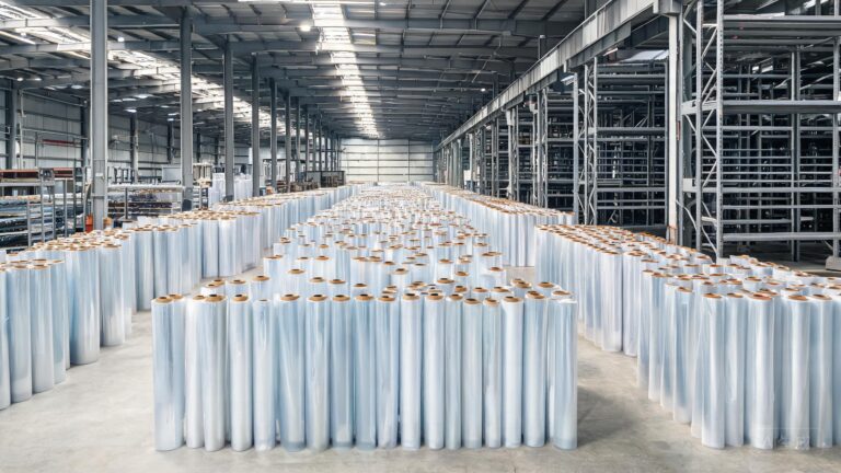 Bulk rows of clear PPF film rolls on a wholesale warehouse floor