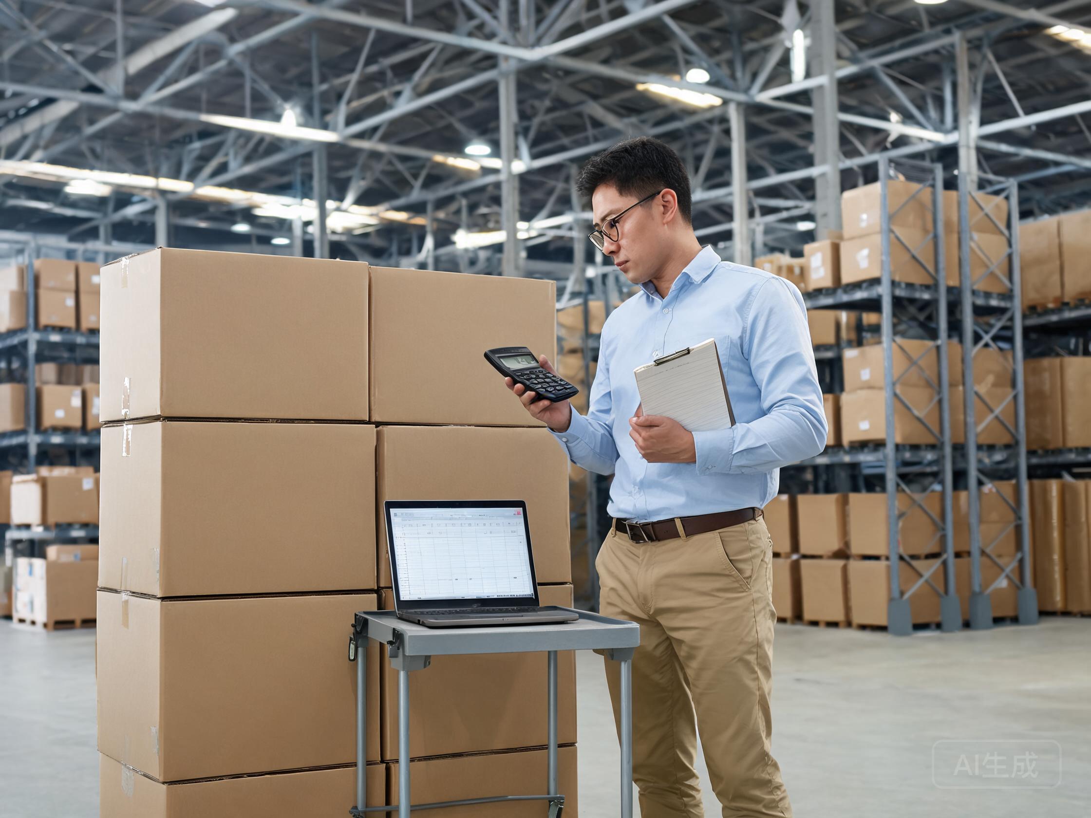 Procurement planner reviewing roll cartons with a laptop and calculator for MOQ and lead time
