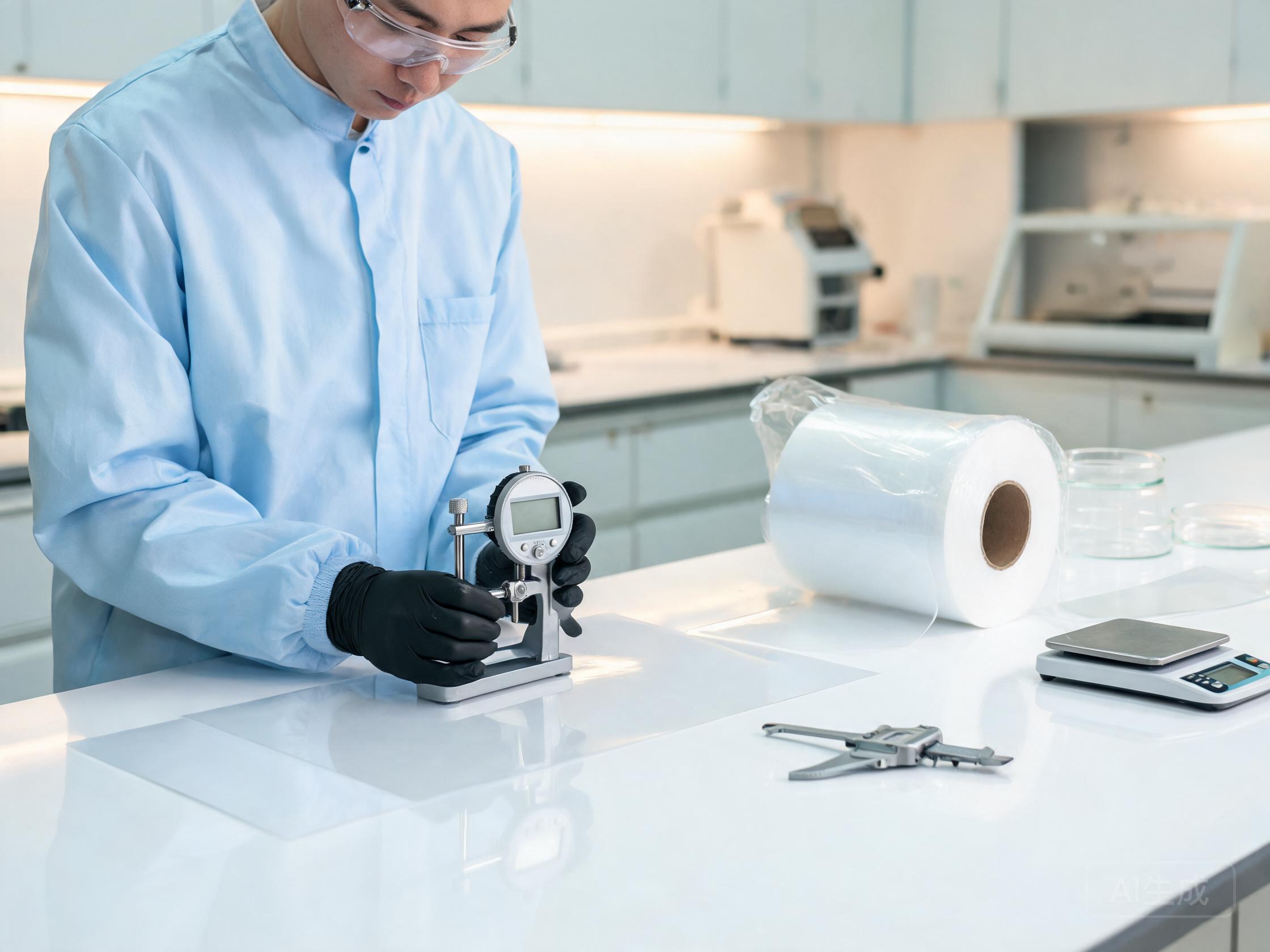Technician measuring film thickness with a digital gauge in a lab