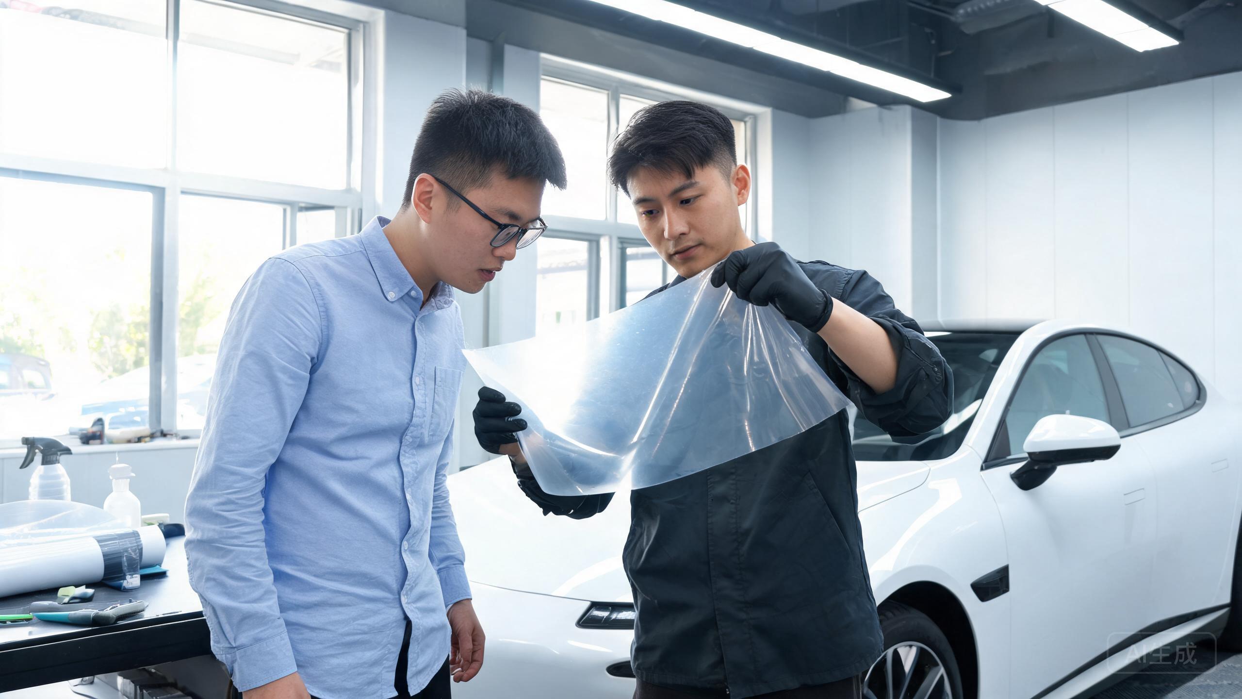 Overseas brand representative and installer discussing a PPF sample