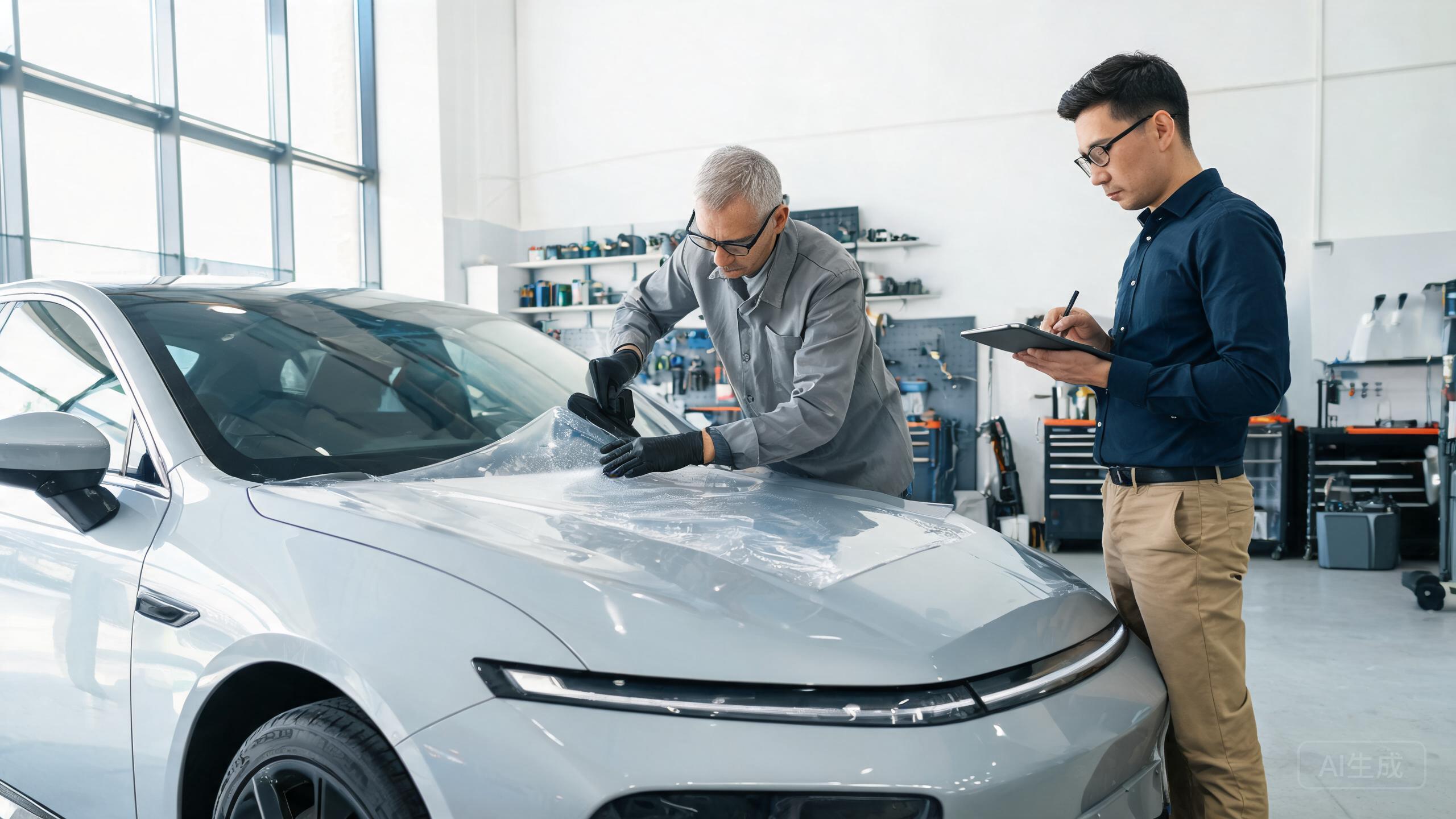 Installer evaluating paint protection film on a vehicle panel