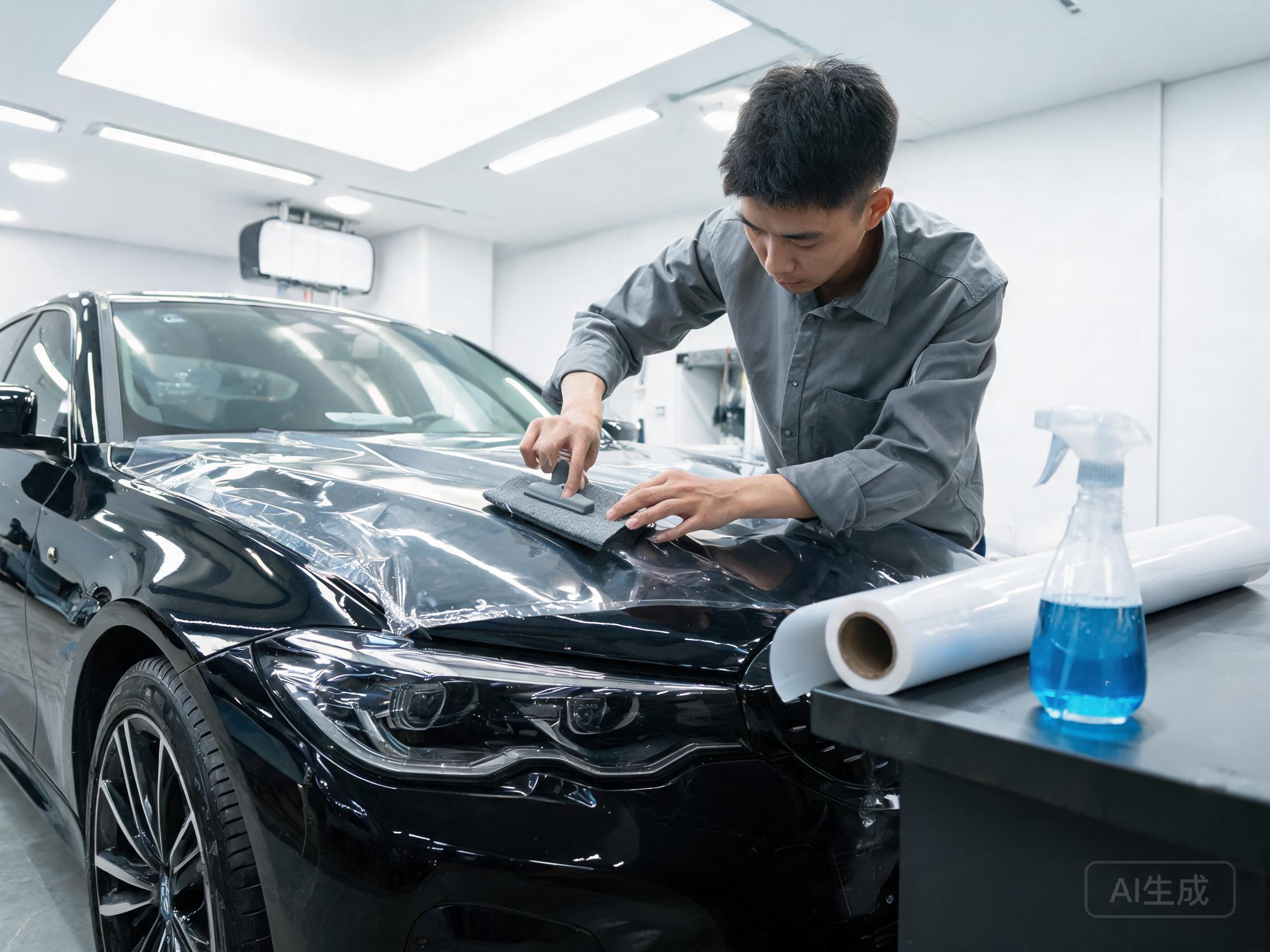Professional installer applying clear paint protection film to a vehicle panel