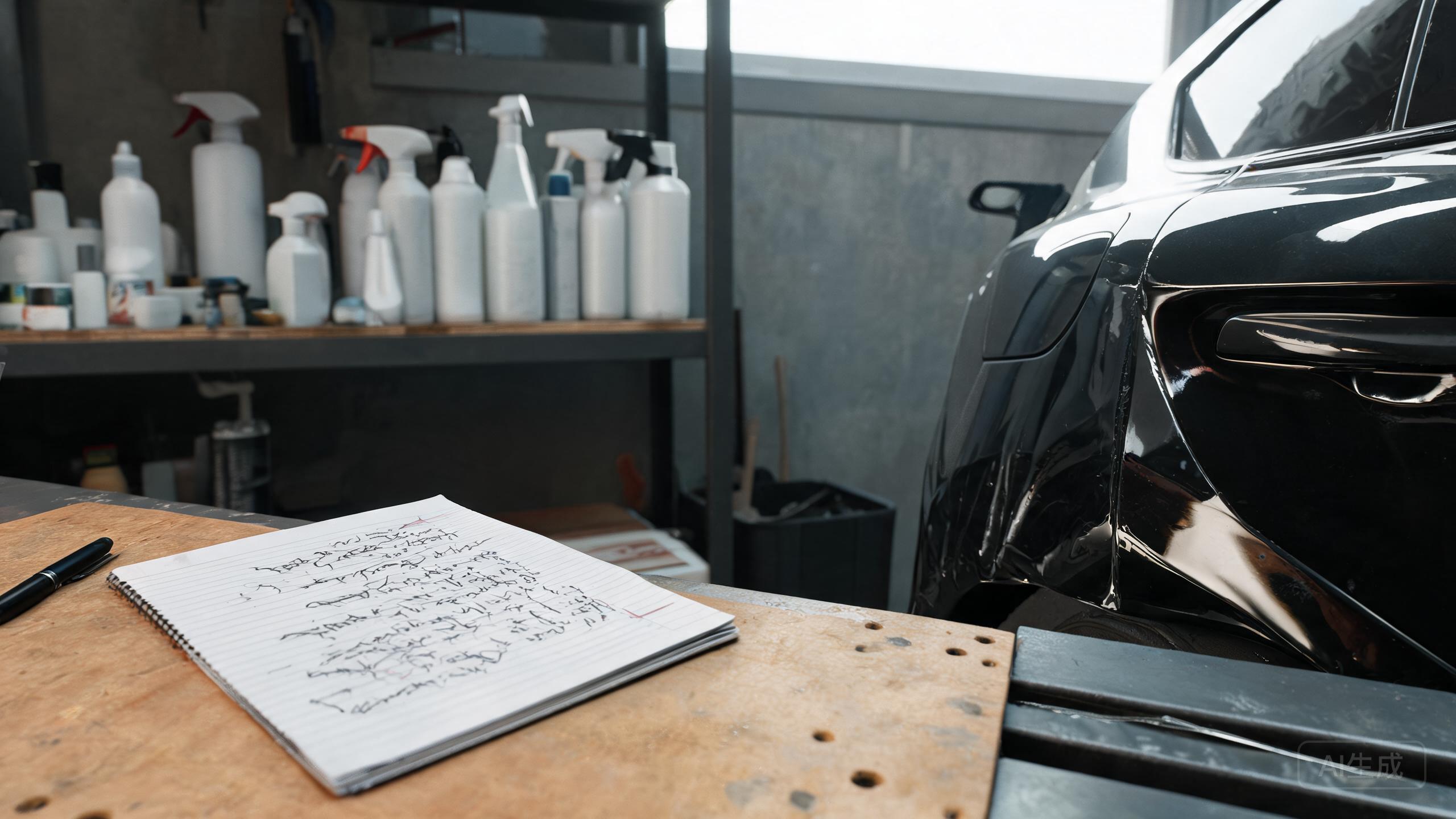 Car care products and written wash records beside a vehicle with paint protection film