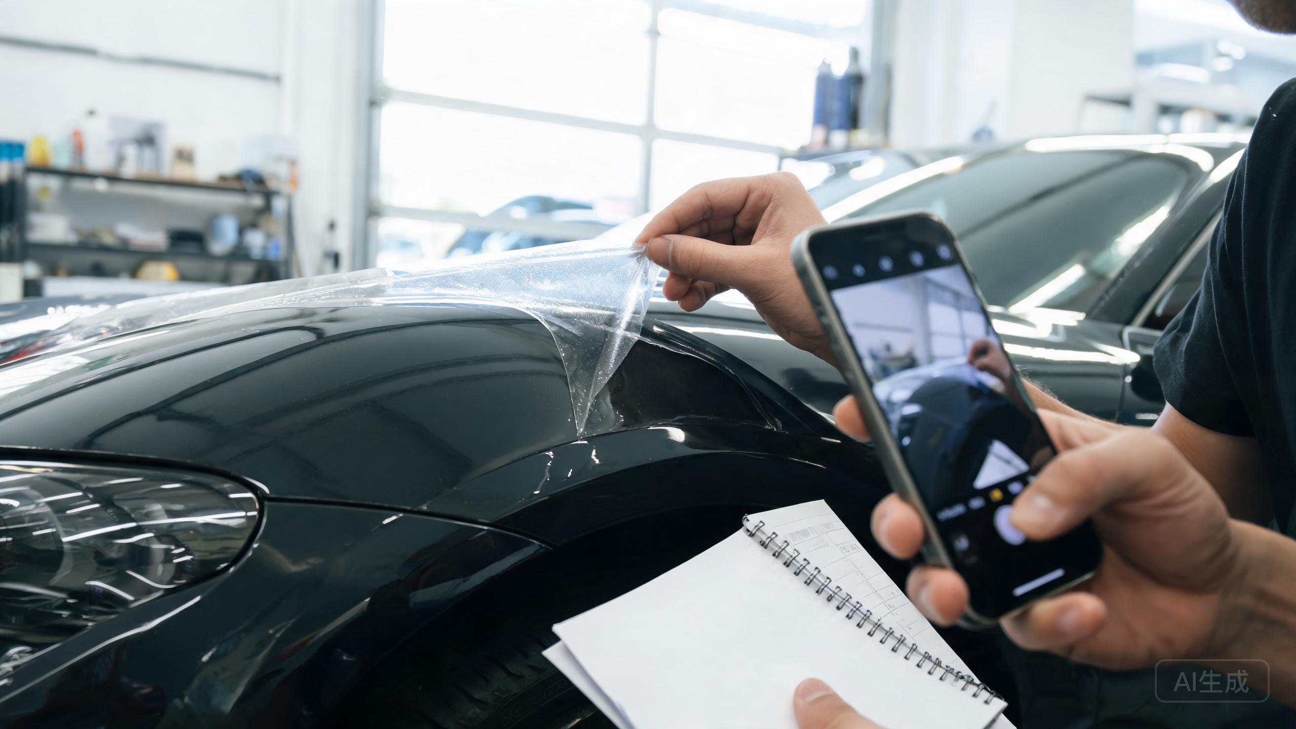 Vehicle owner documenting paint protection film warranty evidence on a car panel