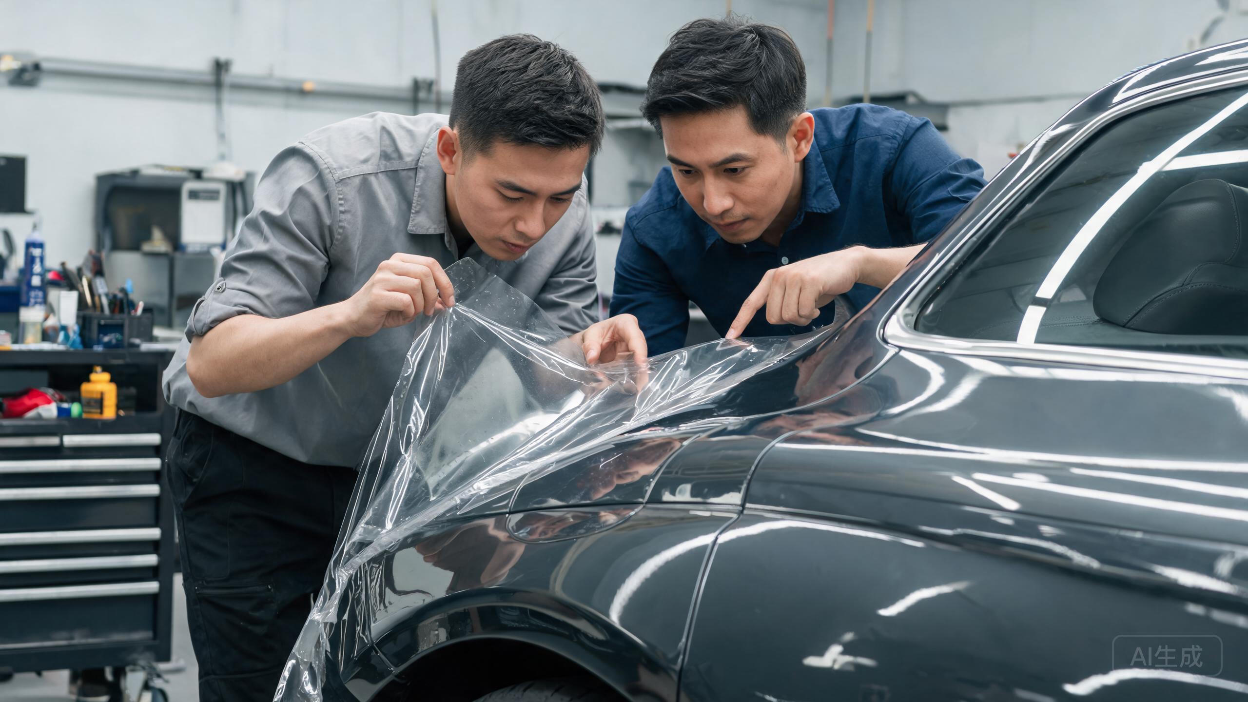 Installer and owner examining edge lifting on a paint protection film panel