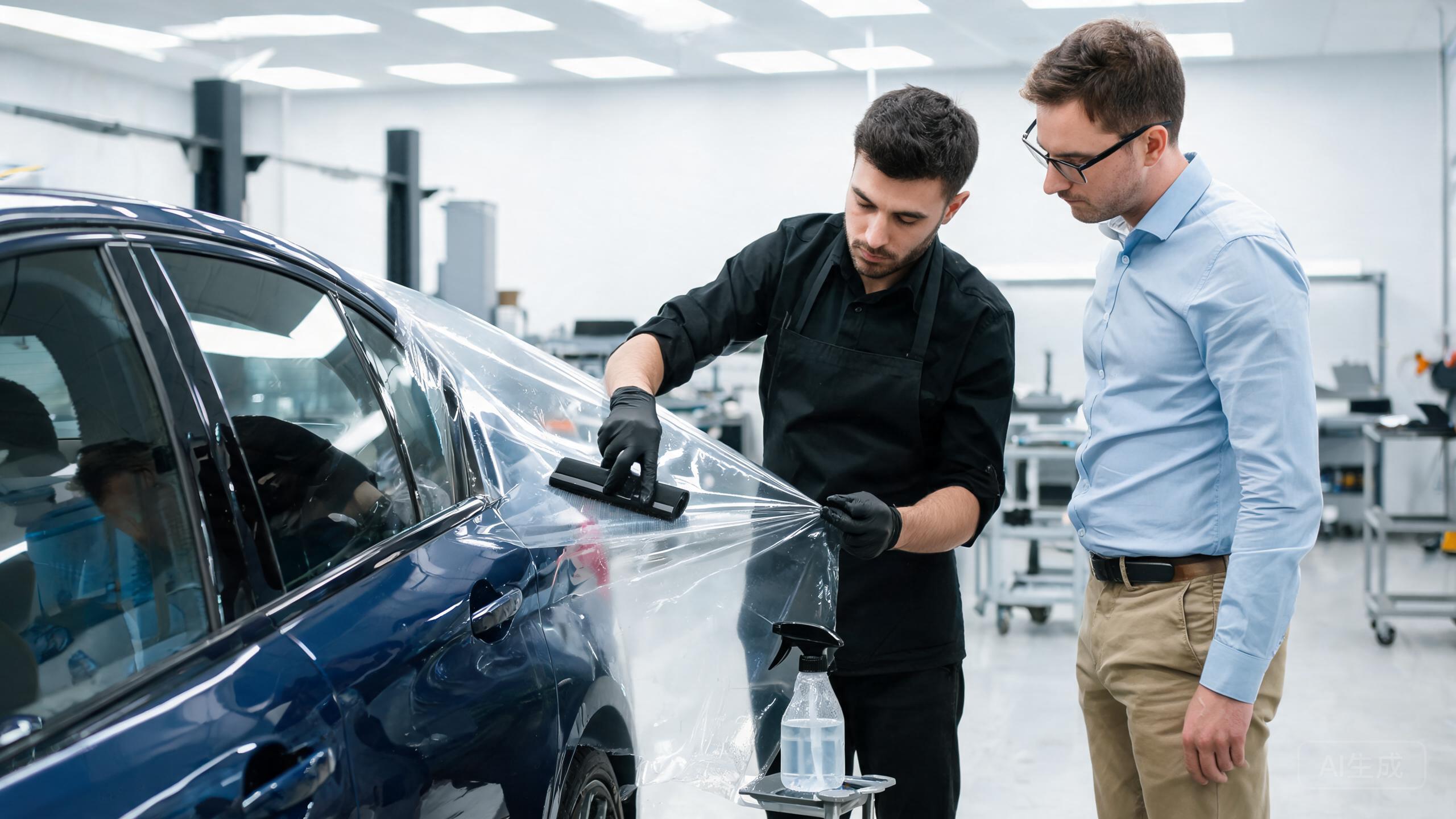 Installer and buyer reviewing the behavior of clear PPF on a vehicle panel
