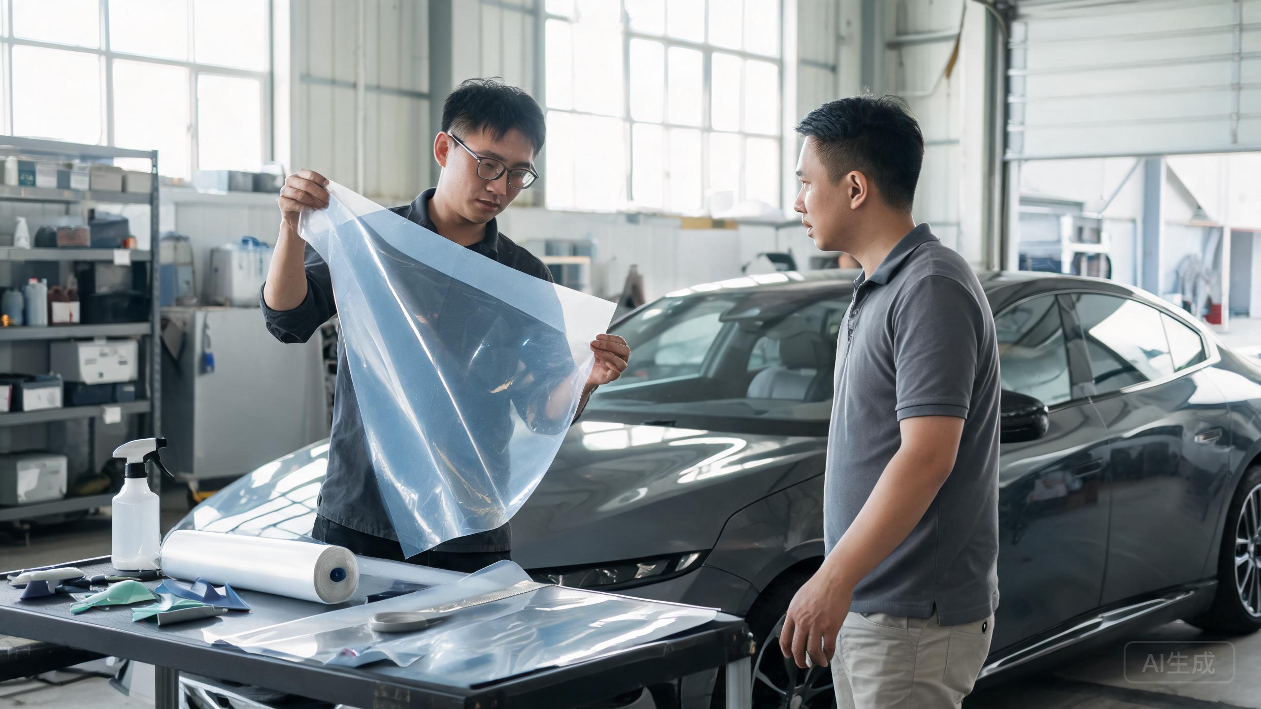 Professional installer receiving private label PPF product guidance in a workshop