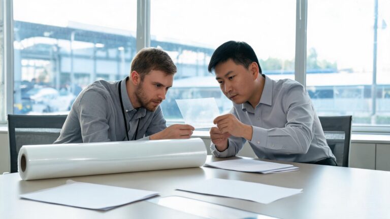 Overseas buyer discussing a first PPF order with a Chinese factory representative