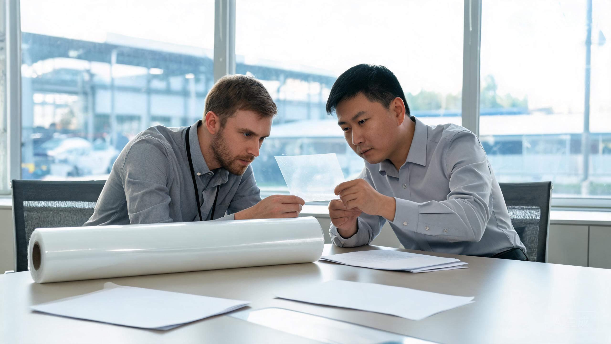 Overseas buyer discussing a first PPF order with a Chinese factory representative