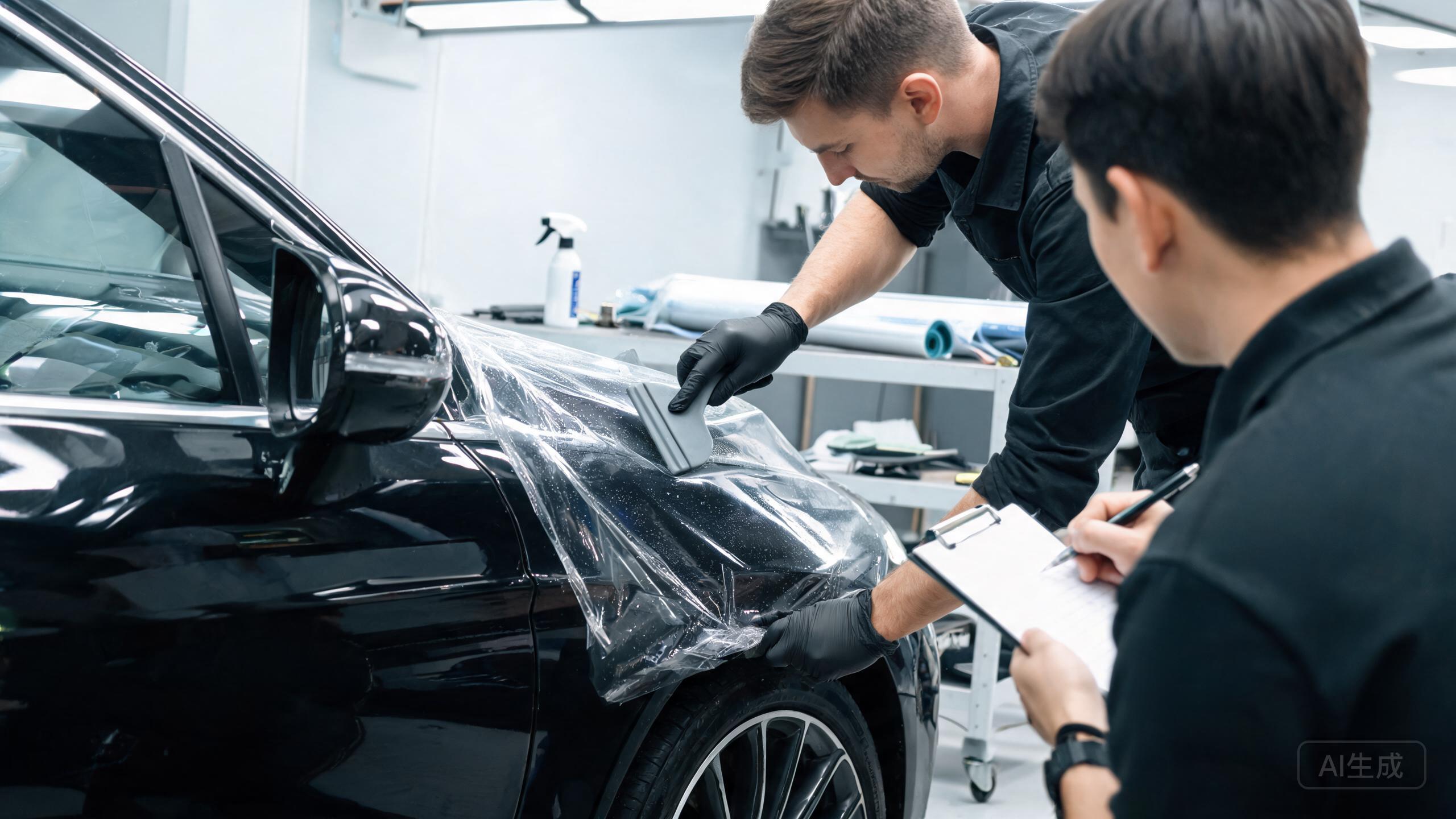 Professional installer testing a clear PPF sample on a vehicle panel