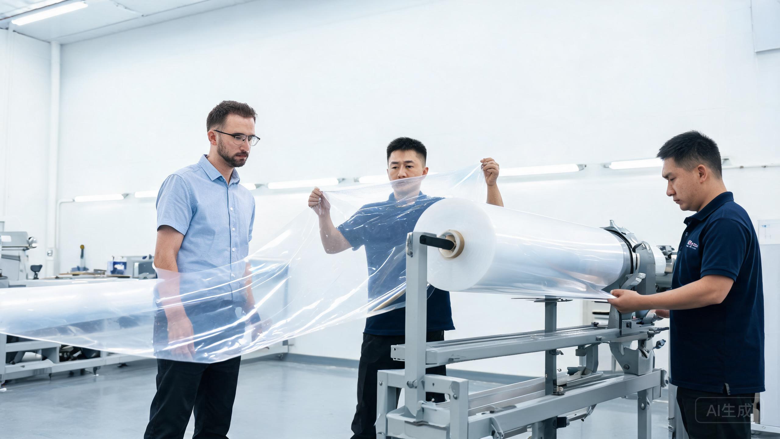 Buyer observing paint protection film quality inspection in a clean factory