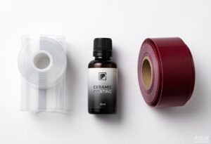 PPF film roll, ceramic coating bottle and vinyl wrap roll lined up for B2B distributor comparison