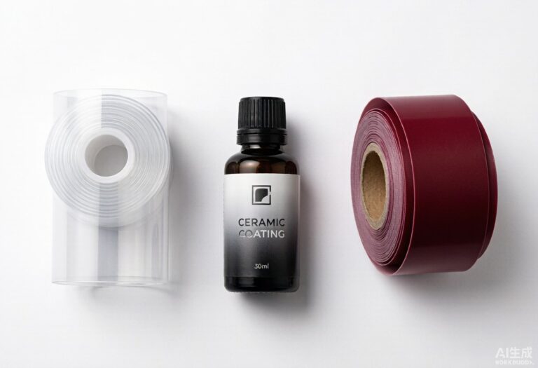 PPF film roll, ceramic coating bottle and vinyl wrap roll lined up for B2B distributor comparison